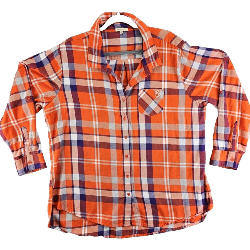 Clemson Tigers 2X Flannel Shirt Plaid Button Up Long Sleeve Roll Tab UG Apparel